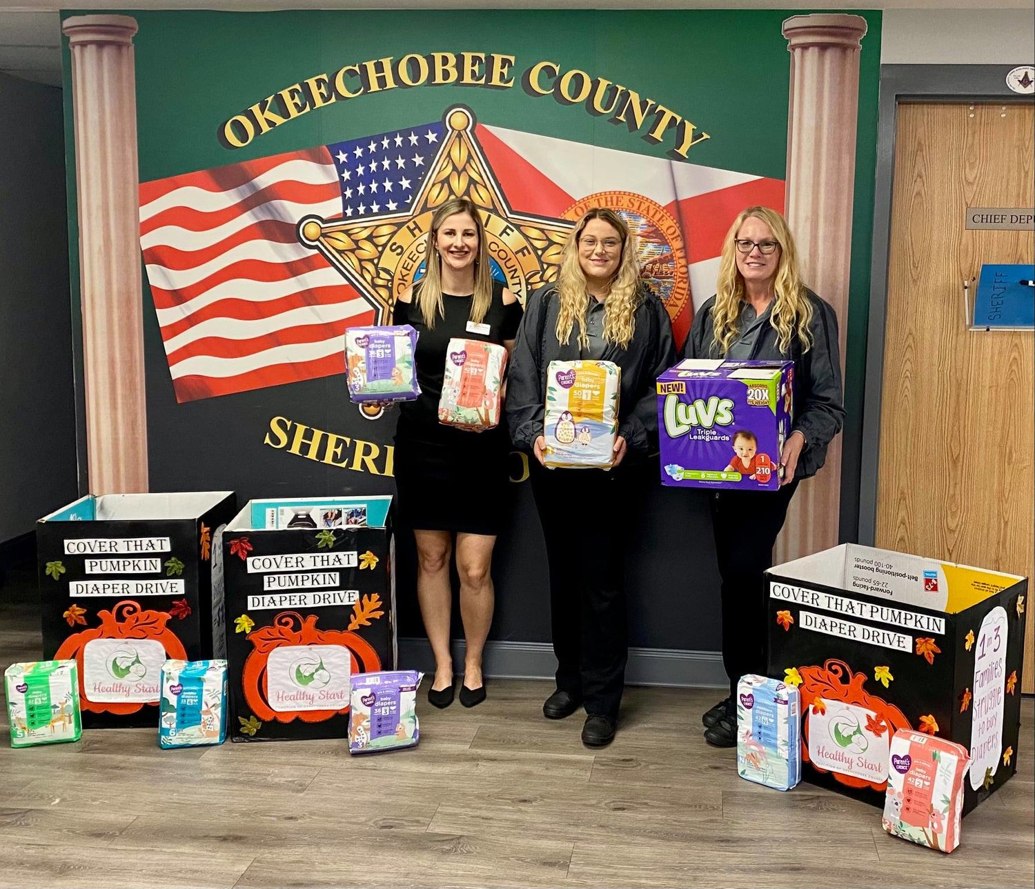 Healthy Start Coalition Executive Director Andrea Medellin stopped by Tuesday to collect the diapers and pose for a photo with Lindsey Carter and Denise Sikorski.  Thank You Andrea and Healthy Start for all you do for our community!